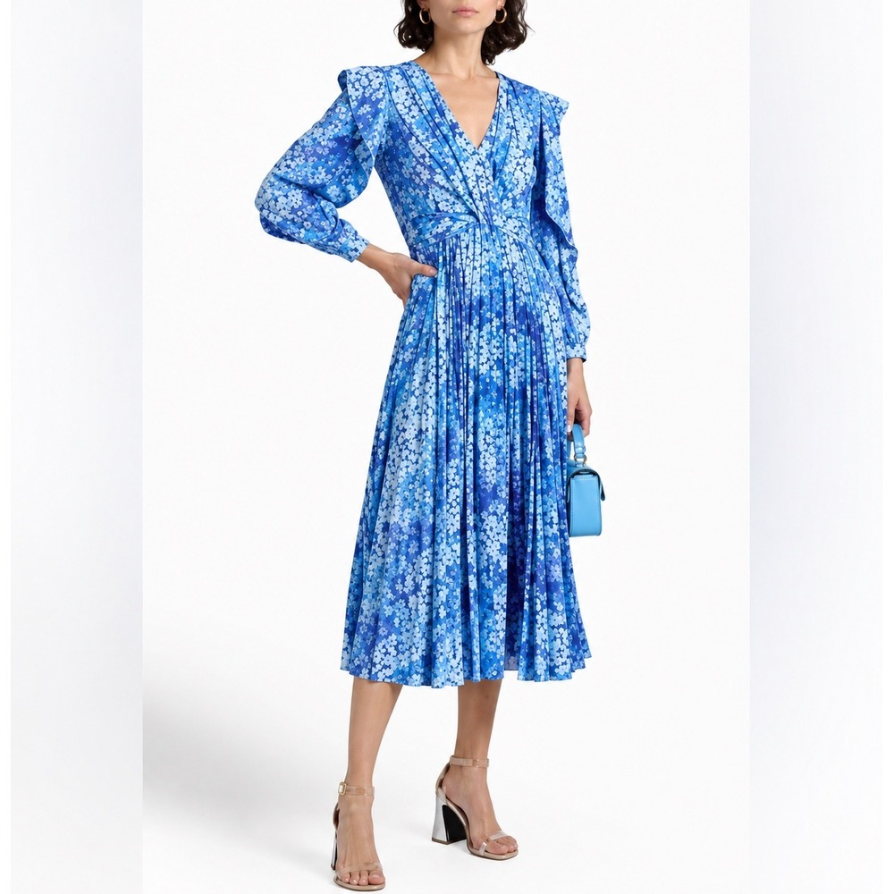 Derek Lam 10 Crosby Chrishelle V-Neck Ruffle Dress Navy Multi Floral Midi 14
